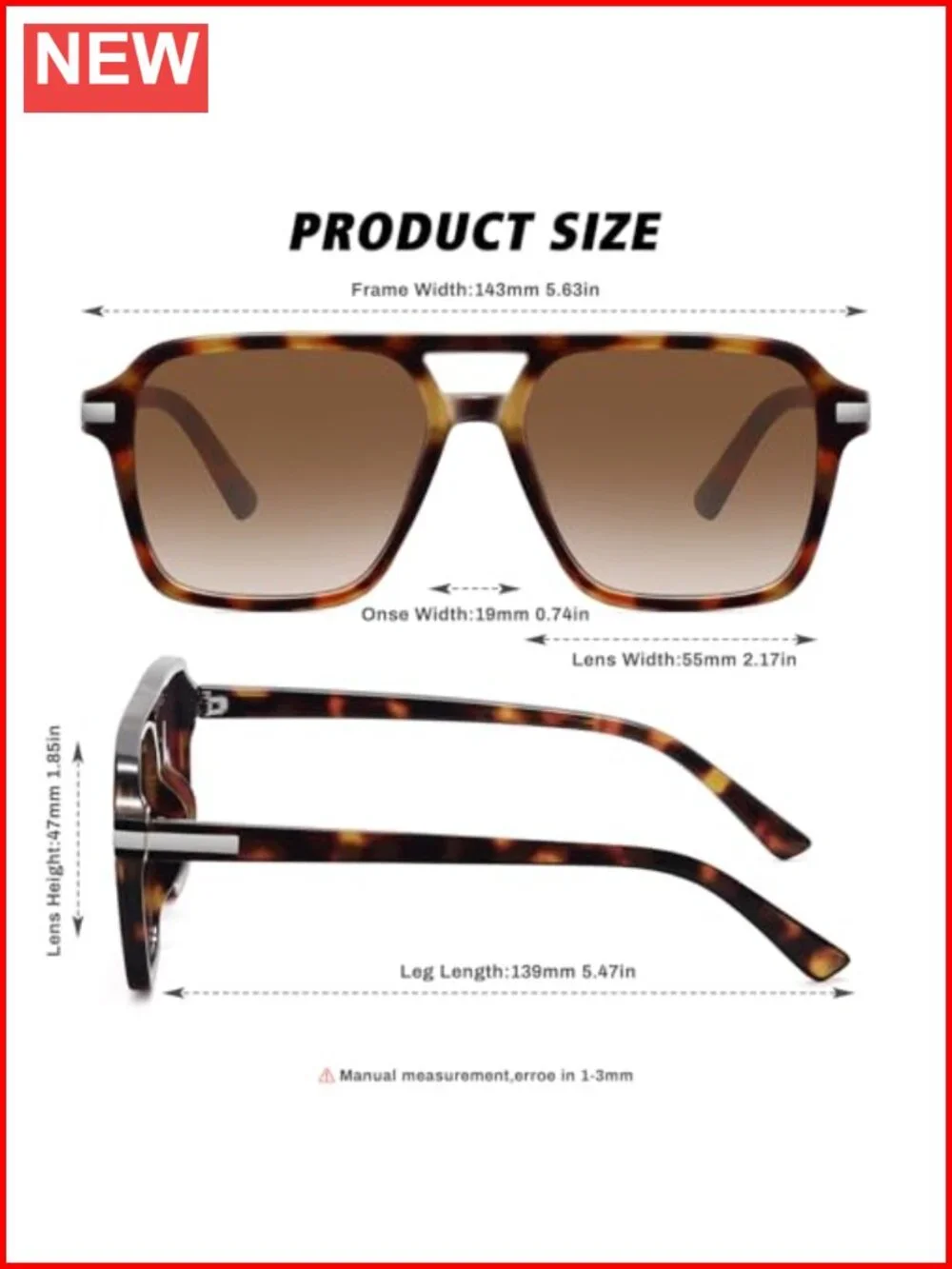 Retro Square Aviator Sunglasses Double Bridge Unisex Trendy 70s 80s 90s Shades